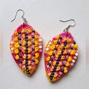 Hand Knitted Embroidered Earrings with Beads Multicolor Pink Yellow Orange Yarn